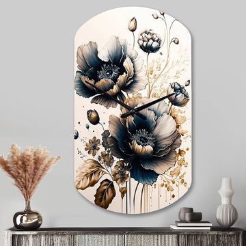 Navy Blue And Gold Poppy Flowers I - Asymmetric Metal Wall Clock